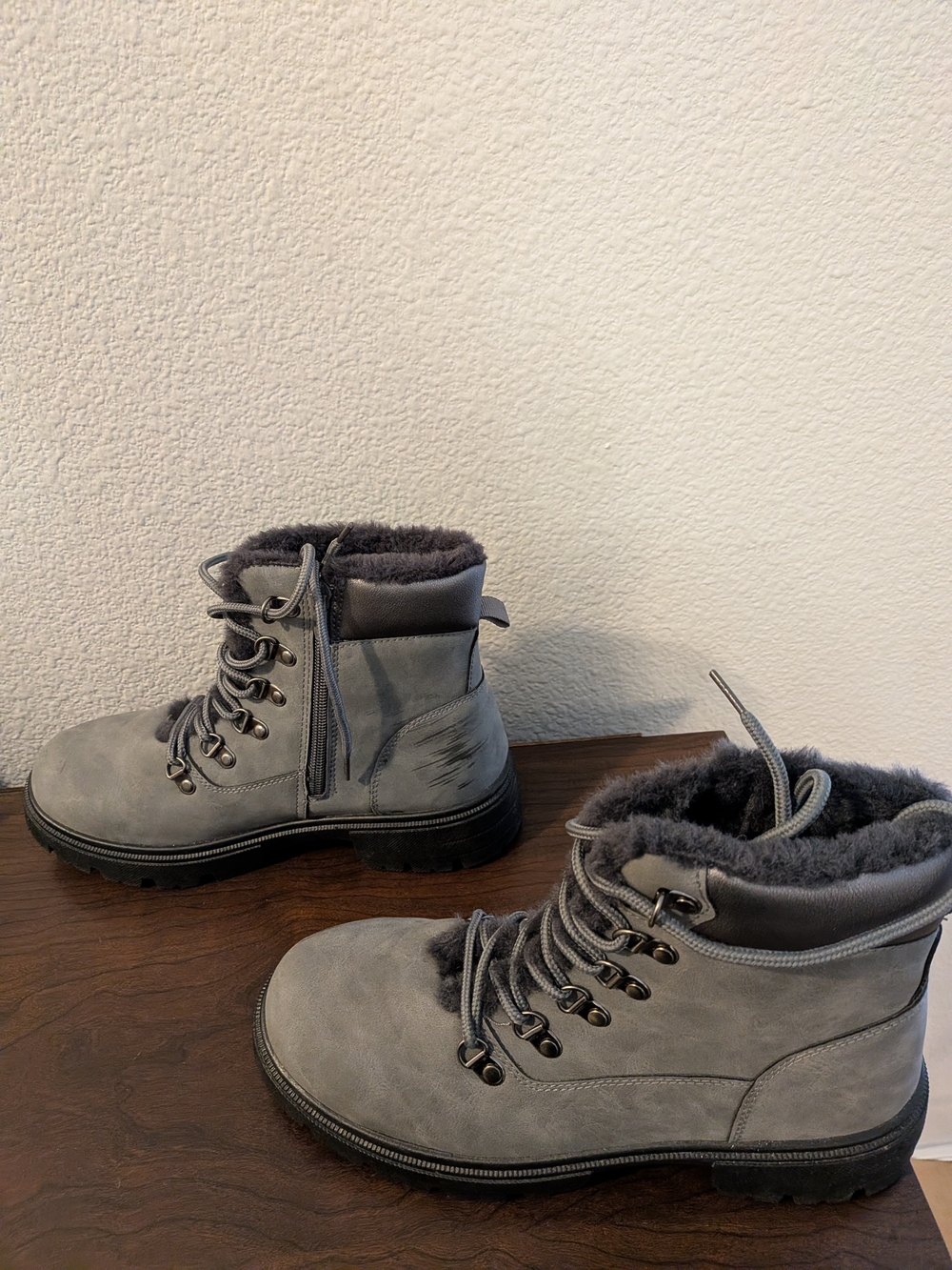 Women's Gray Lace-Up Faux-Fur Ankle Boots